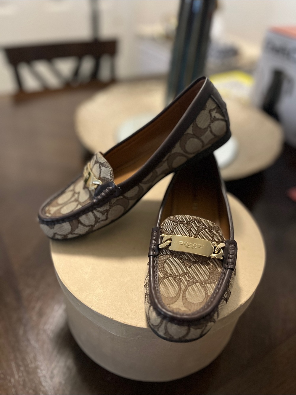 Coach Brown Signature Canvas Loafers with Gold Plaque